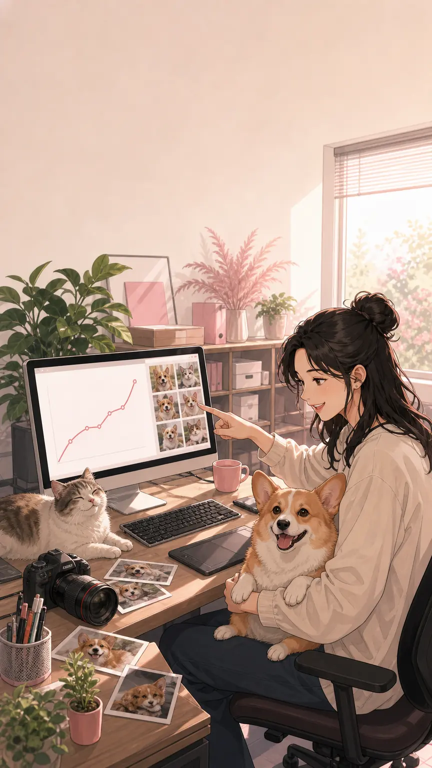 반려동물과 함께 자기 브랜드 성과를 보며 기뻐하는 팀원