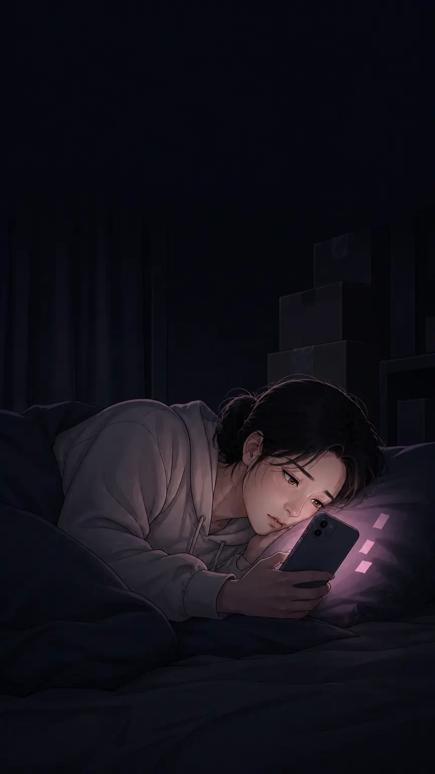 불 꺼진 방에서 휴대폰을 보며 불안해하는 셀러