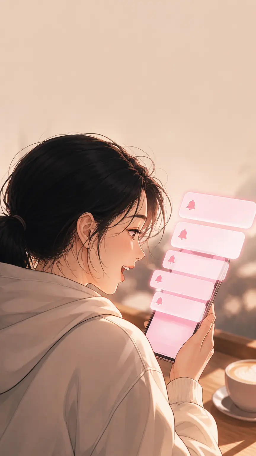 카페에서 주문 알림이 이어지는 휴대폰을 보며 웃는 셀러