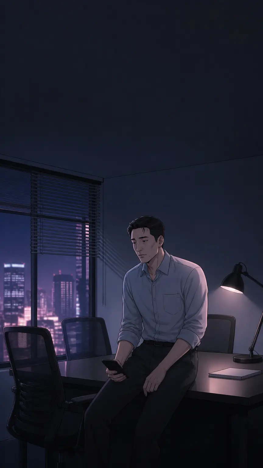 밤늦게 빈 사무실에 혼자 앉아 생각에 잠긴 대표