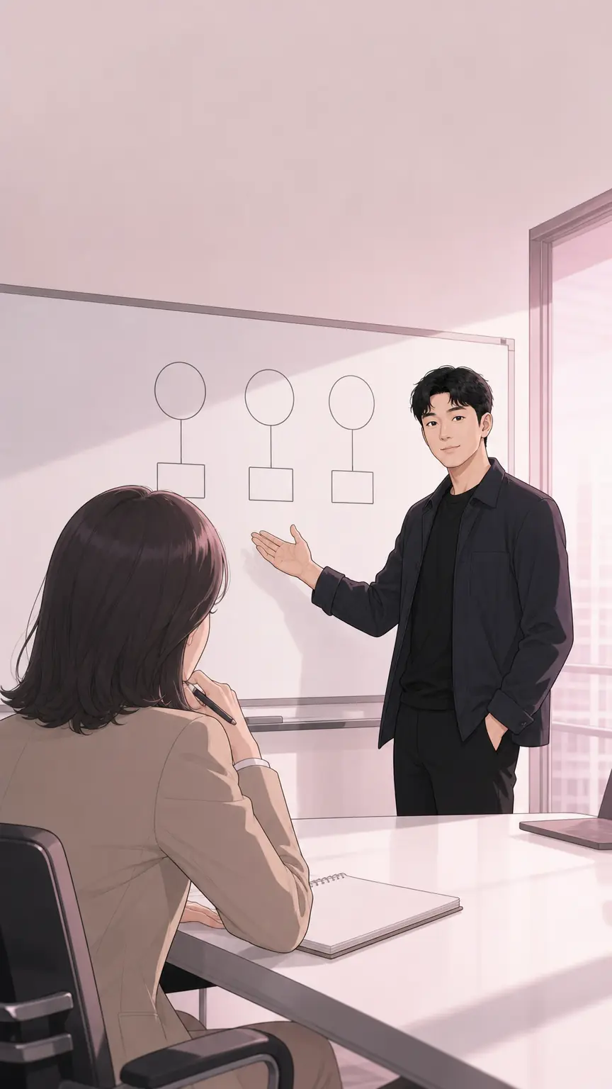 화이트보드 앞에서 부서별 연결을 설명하는 줄갭 대표