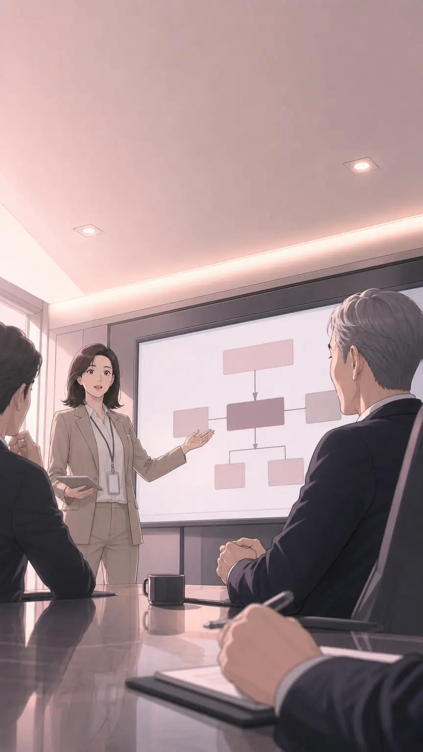 몇 달 뒤 임원들 앞에서 발표하는 과장