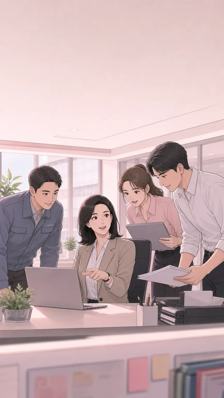 다른 부서 동료들이 과장 자리로 물으러 온 모습